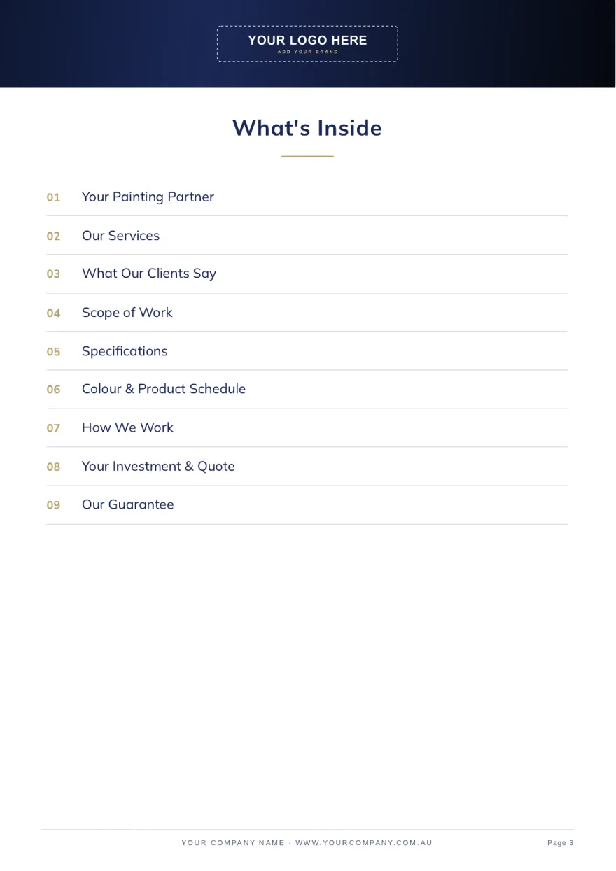 Page 3: What's inside: the nine sections