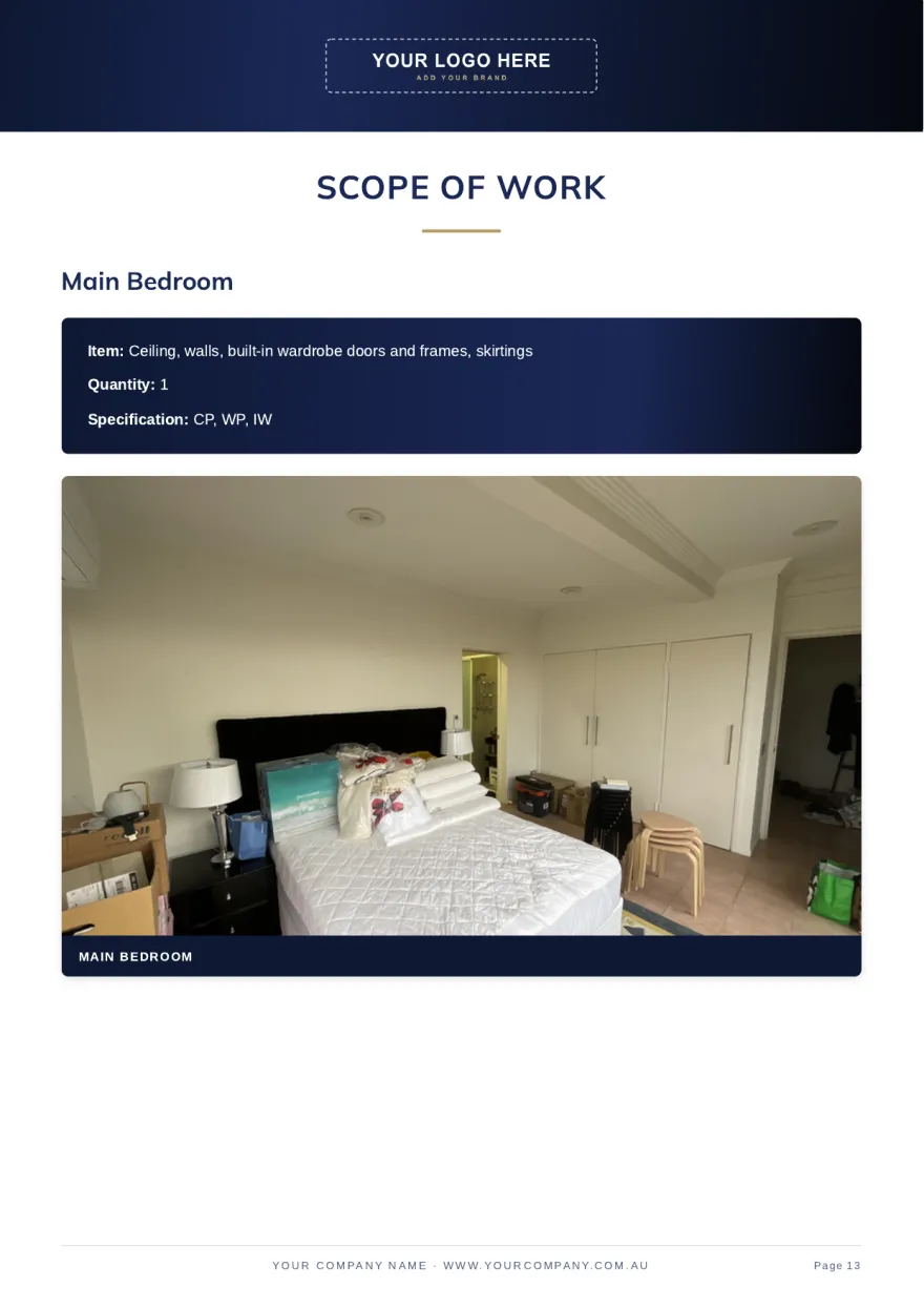 Page 13: Scope of work: main bedroom, with site photo