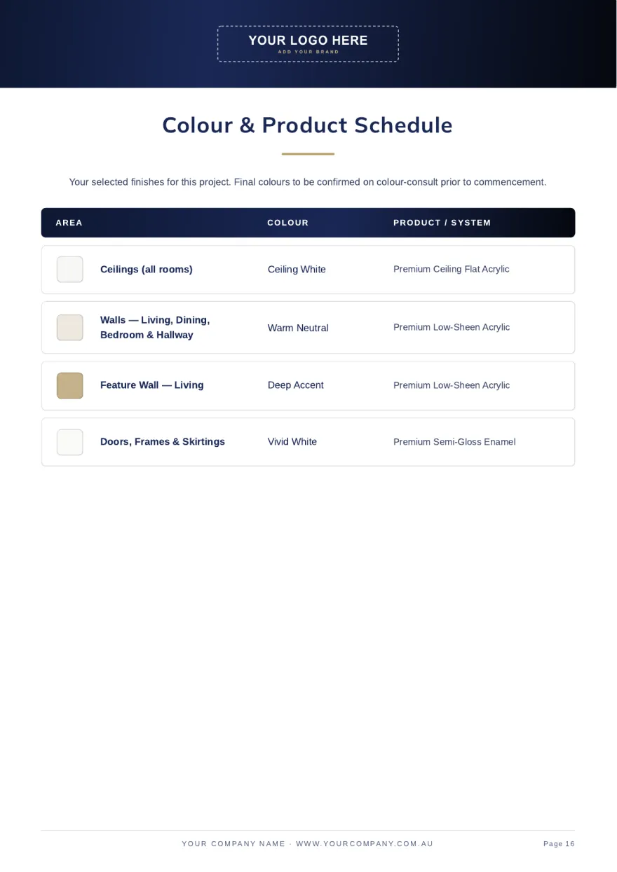 Page 16: Colour and product schedule